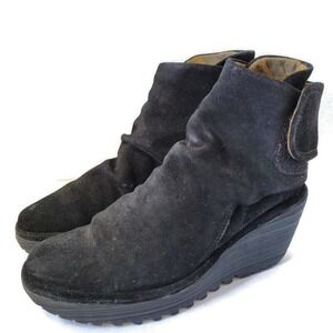 Fly London Yegi Ruffled Ankle Bootie Womens Size 37 US 7 Black Suede Wedge Heel